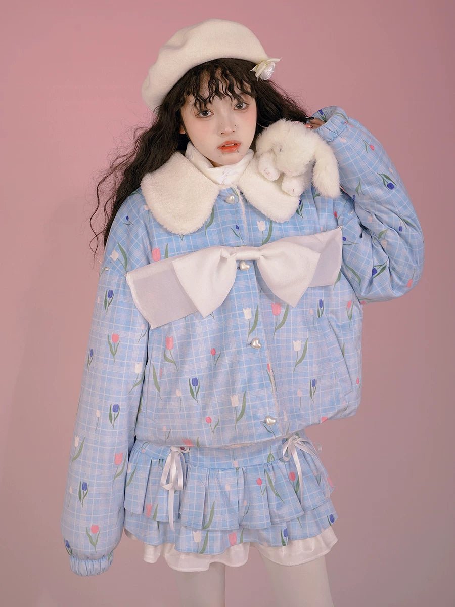 Flower Print Bow Fleece Lining Puffer Jacket NA8271