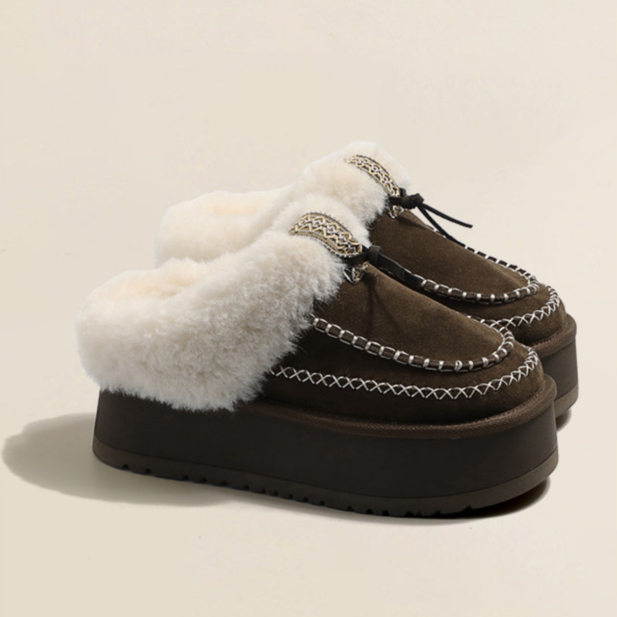 Fake Fur Lined Stitch Detail Platform Mules NA8669