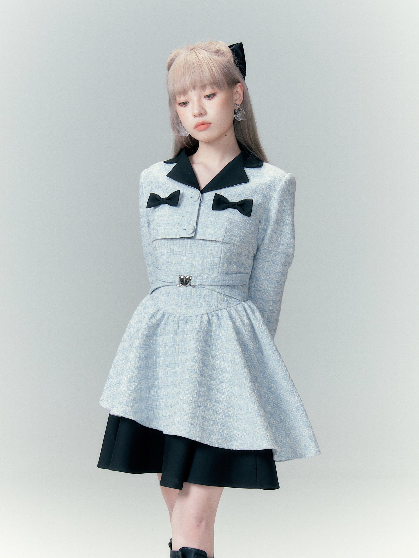 Bow Accent Cropped Jacket & Flared Dress Setup NA8808