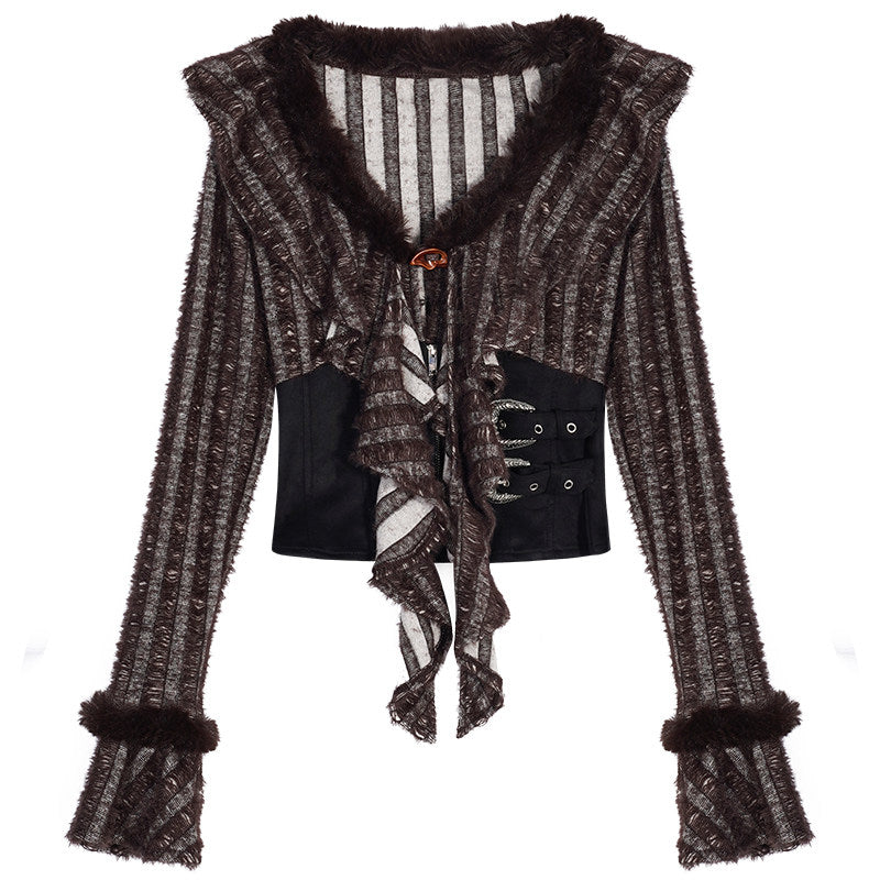 Original Design Patchwork Raw Edge Slim Long Sleeve Shirt & Skirt Setup NA8614