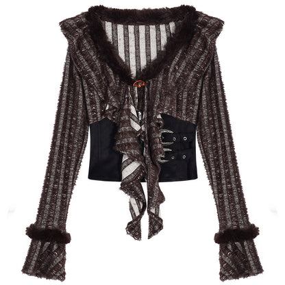 Original Design Patchwork Raw Edge Slim Long Sleeve Shirt & Skirt Setup NA8614