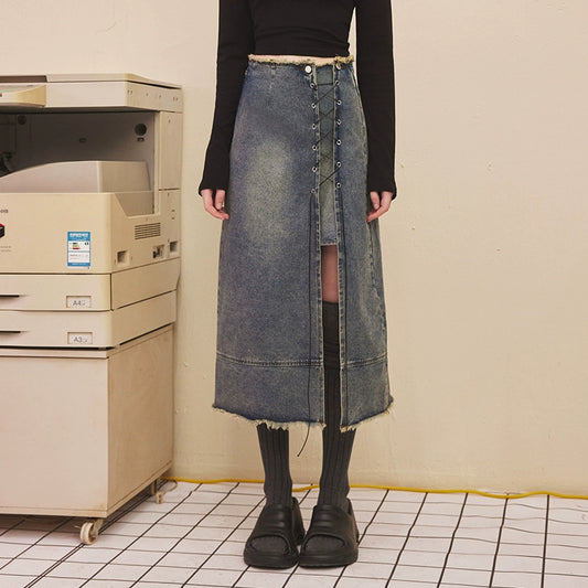 Side Slit Mid Length Denim Skirt NA3574