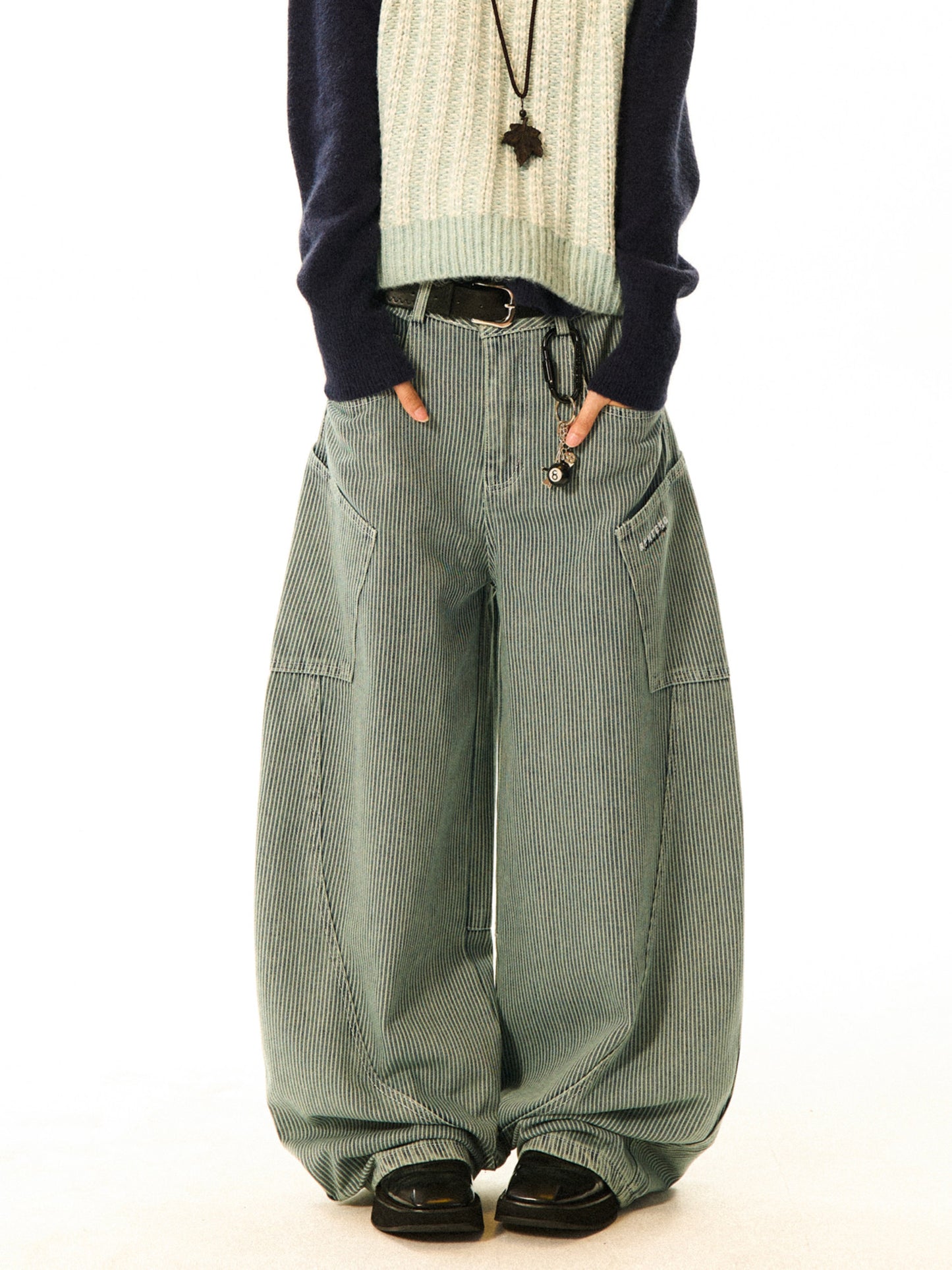 Stripe Pattern Wide Leg Denim Jeans NA9353