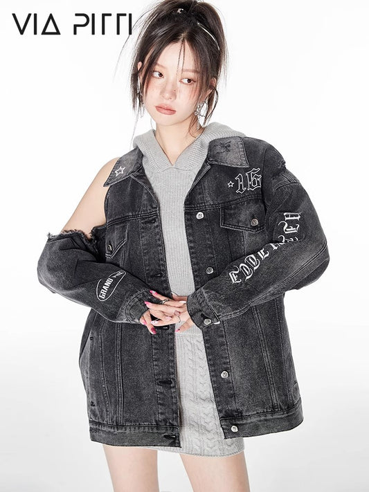 Damaged Shoulder Cut Denim Jacket NA4657