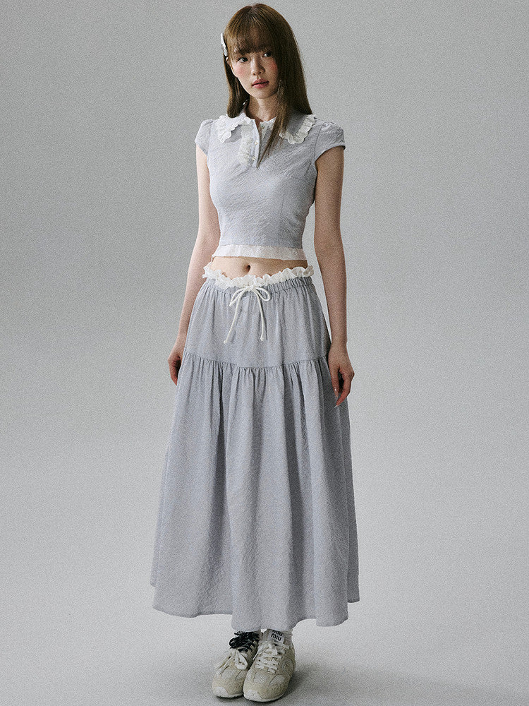 Lace-Trim Short Sleeve Shirt & Drawstring Skirt Setup NA8856