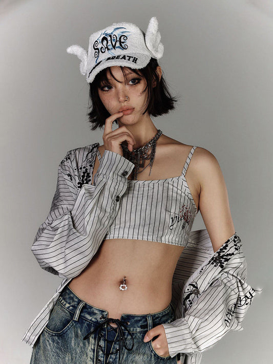 Stripe Graphic Print Long Sleeve Shirt & Stripe Print Camisole NA9223