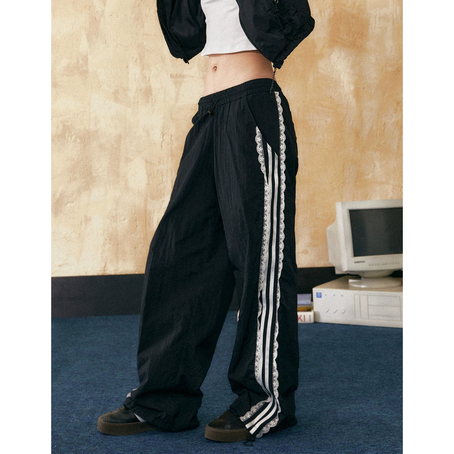 Three Bar Lace Stripe Sporty Jacket &amp; Lace Pants &amp; Lace Skirt Setup NA2473