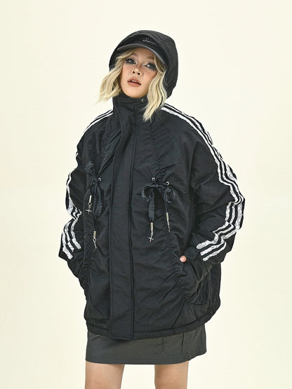 Side Stripe Bow Design Hooded Puffer Jacket NA6198