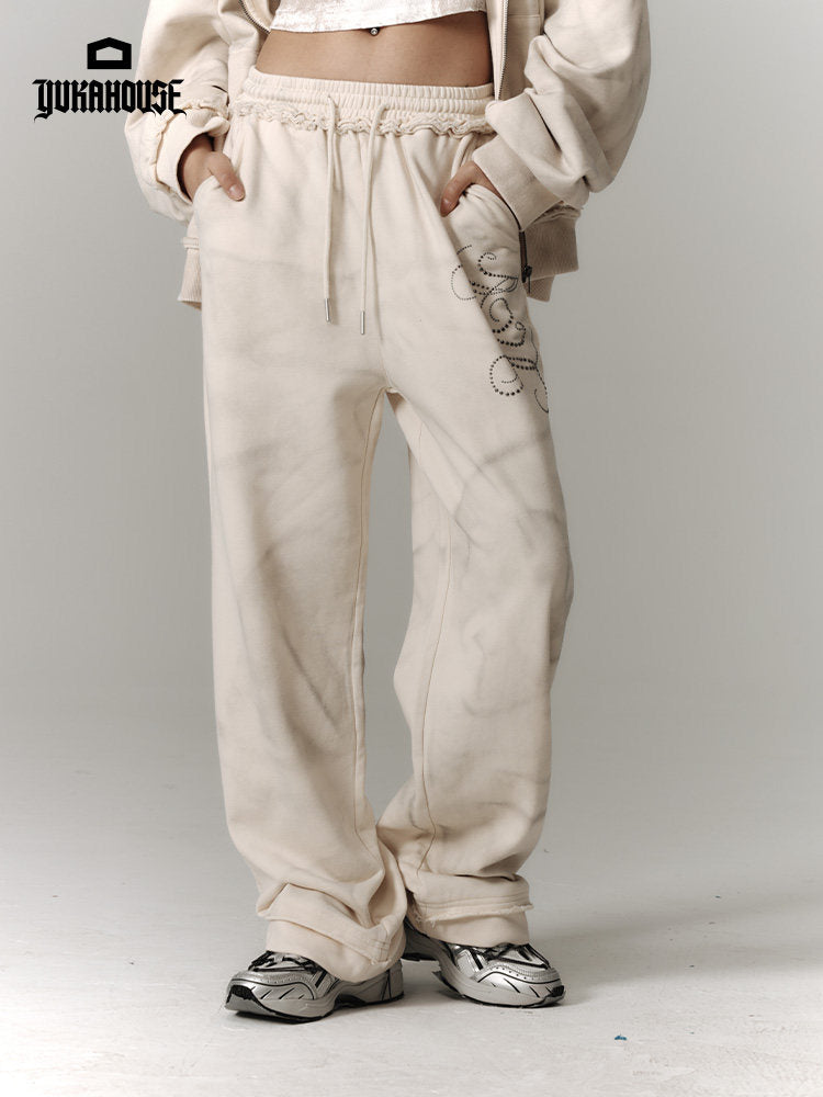 Washed Damage Oversize Zipper Hoodie & Wide Leg Pants Setup NA8913