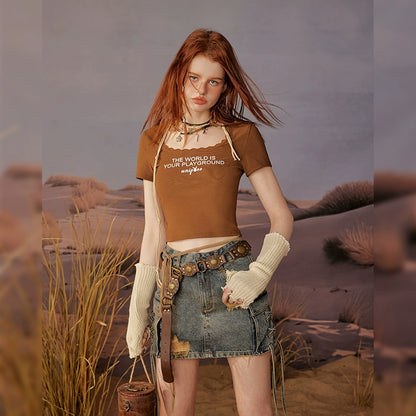 Butterfly Print Cropped Short Sleeve T-shirt & Denim Short Skirt Setup NA3265