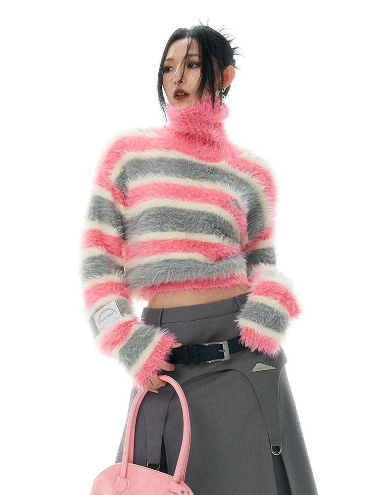 Cropped Striped Stand Neck Furry Knit Sweater NA5657