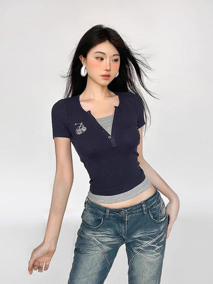 Contrast Embroidery Slim Fit Short Sleeve T-Shirt NA4629