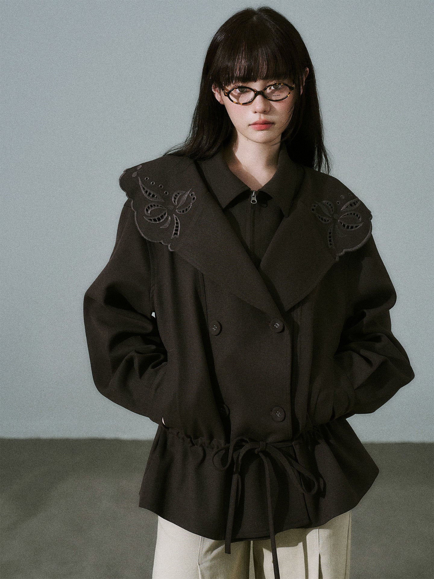 Embroidery Collar Drawstring Waist Double-Breasted Jacket NA8830