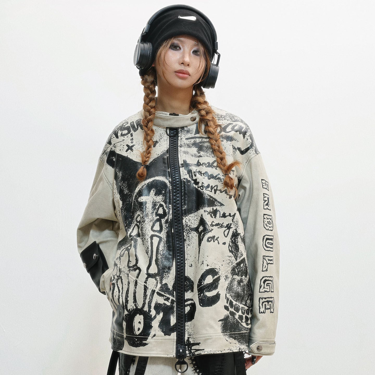 Damage Print Thick PU Leather Jacket NA8556