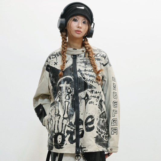 Damage Print Thick PU Leather Jacket NA8556