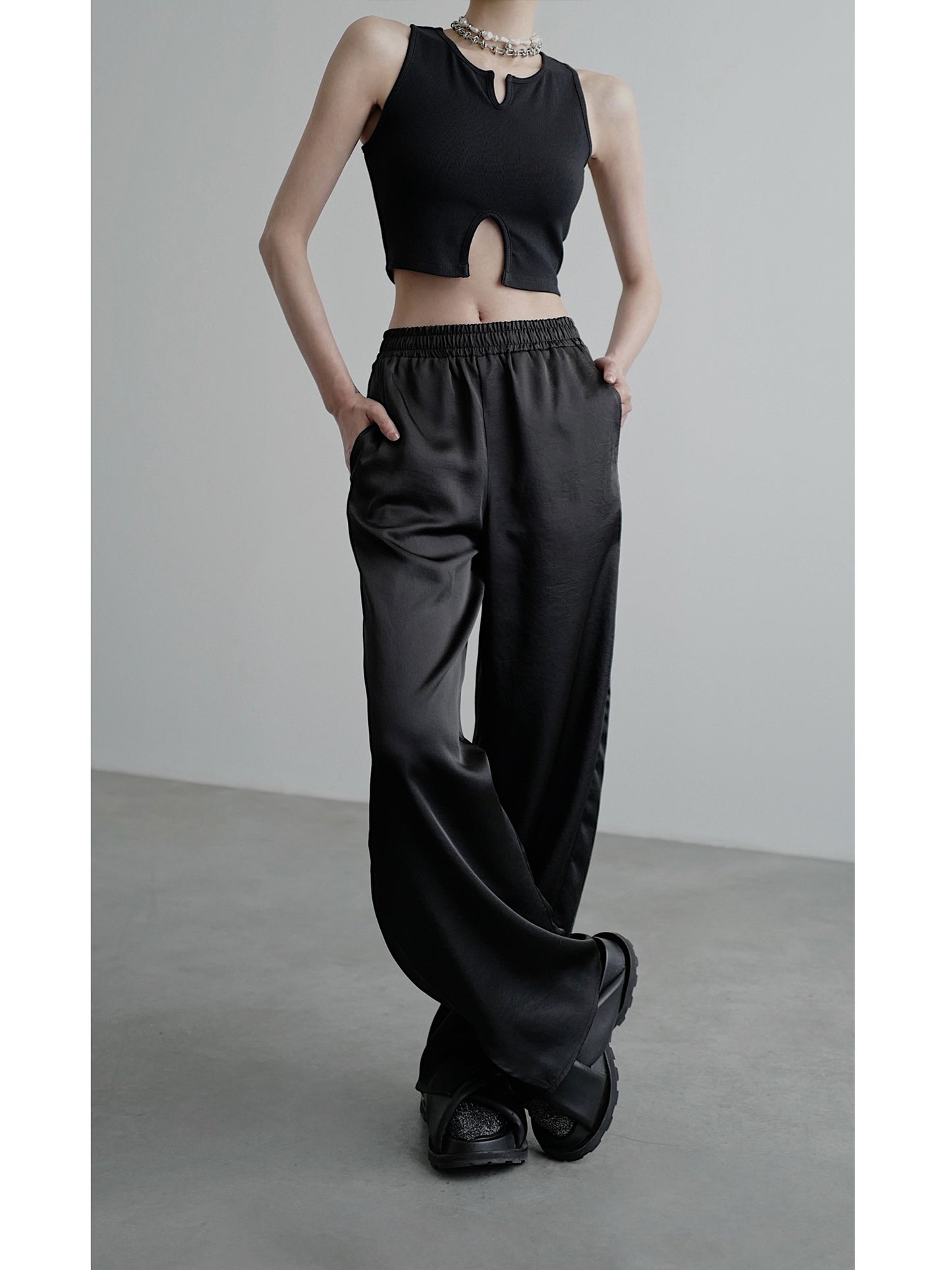 Elastic Slit Wide-Leg Straight Pants NA4232