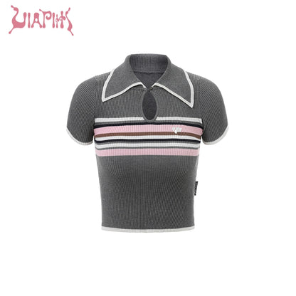 Droplet Neck Striped Short Sleeve Knit Polo Shirt NA4883