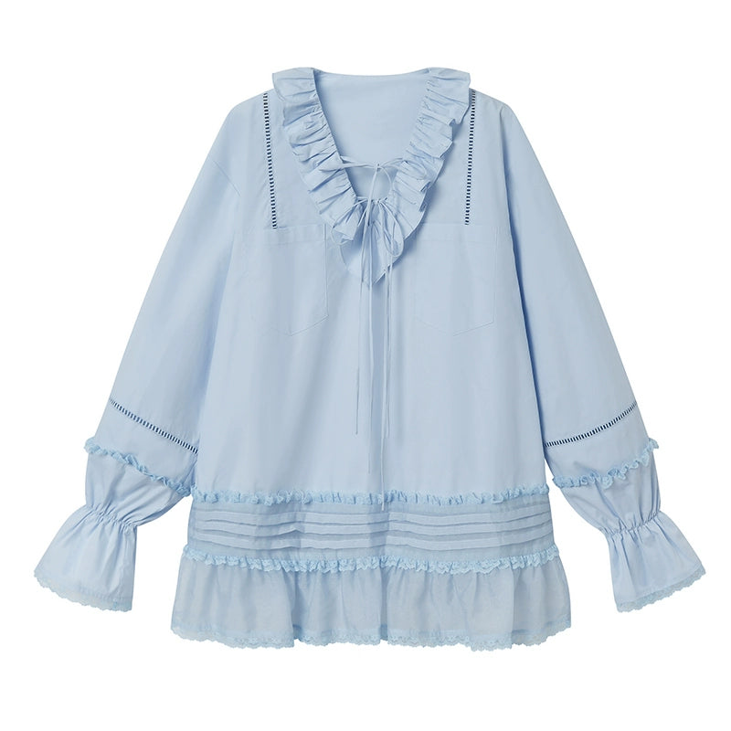 Ruffle V-neck Lace Patchwork Long Sleeve Shirt NA5397