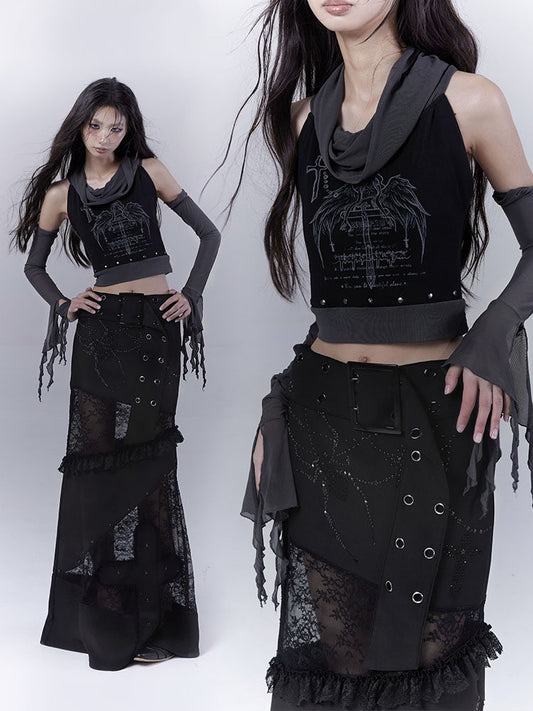 Rivet Print Patchwork Sleeveless T-Shirt & Arm Cover Set NA8537