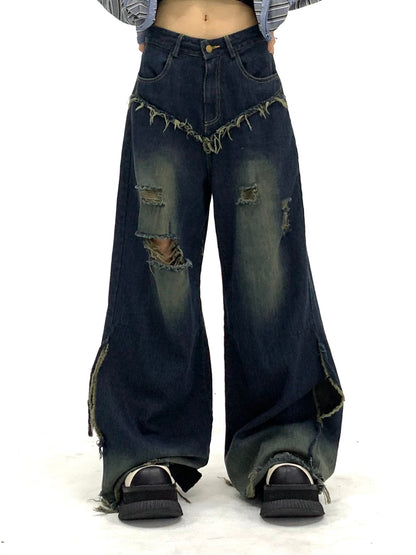 Washed Damage Fray Panel Wide Leg Denim Jeans NA9296