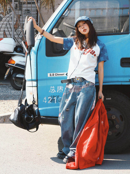 Raglan Sleeve Letter Print Fitted Short Sleeve T-Shirt NA9386