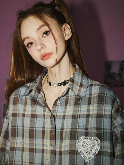 Lace Oversize Checkered Long Sleeve Shirt NA3387