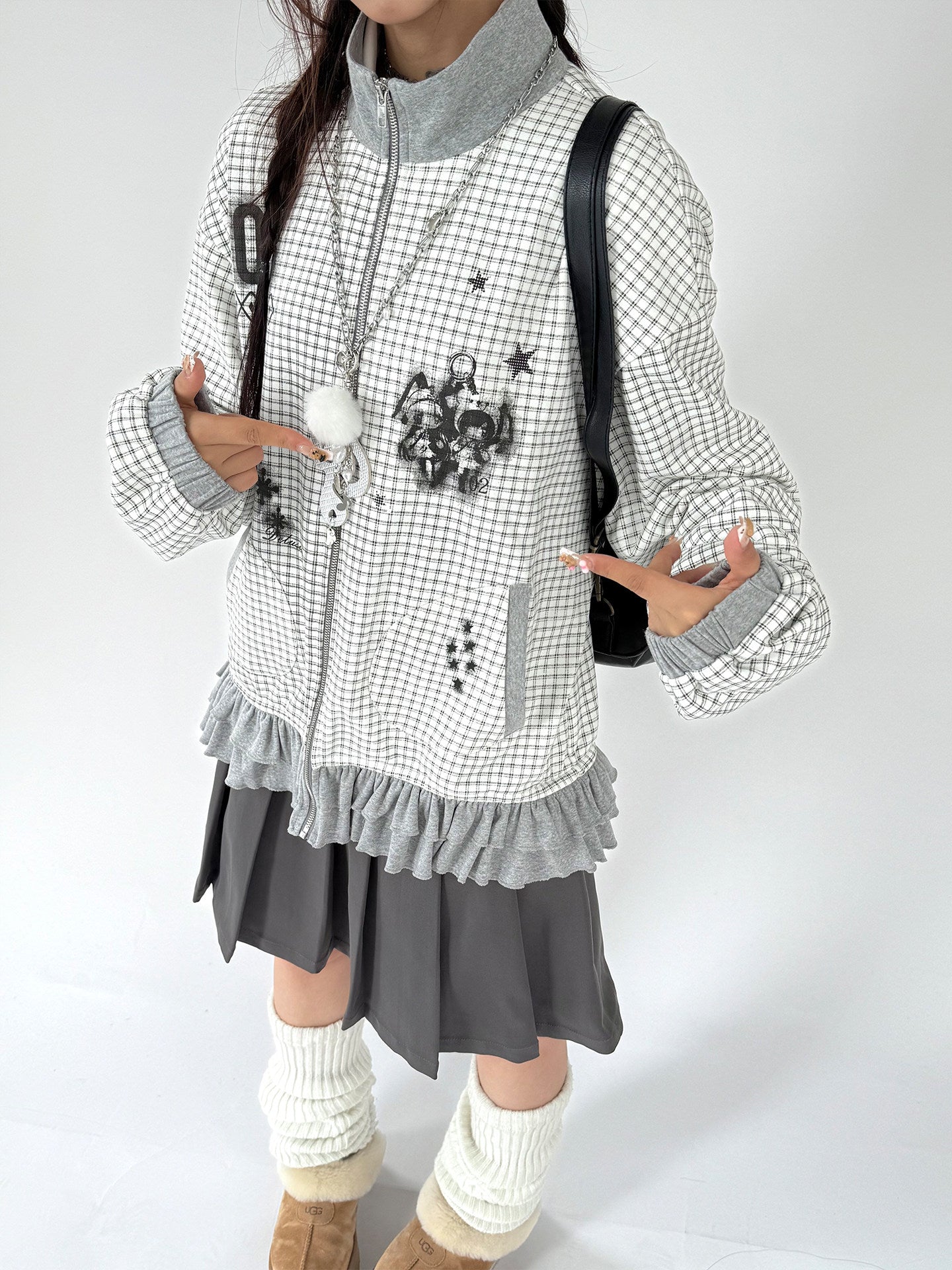 Checkered Ruffle Hem Oversize Zipper Hoodie NA9278