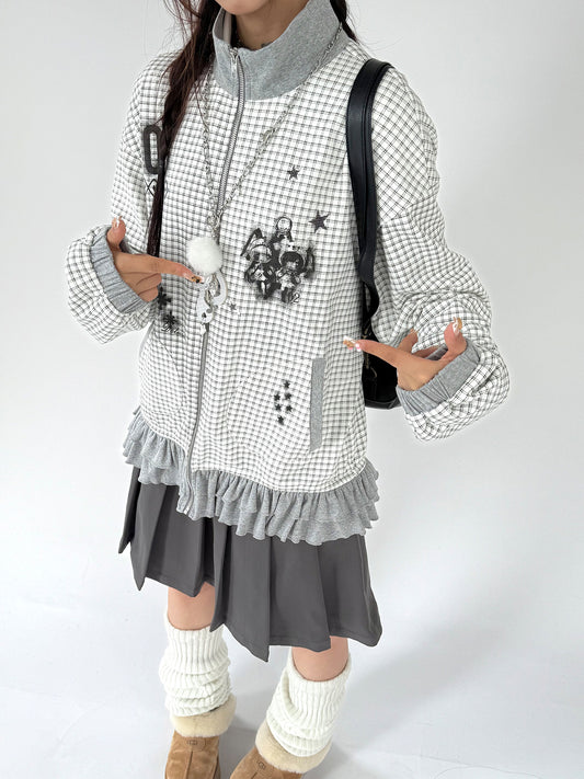 Checkered Ruffle Hem Oversize Zipper Hoodie NA9278