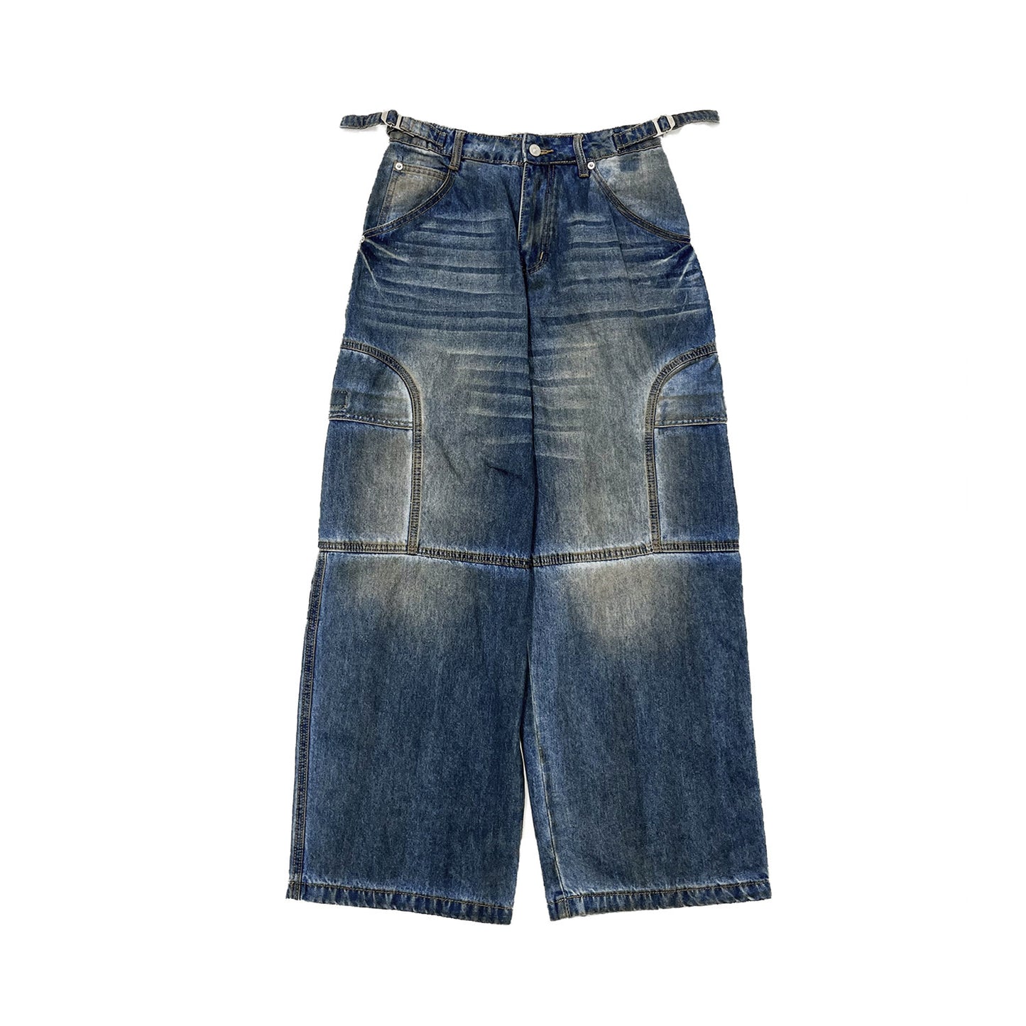 Washed Panel Strap Detail Wide Leg Denim Jeans NA9123