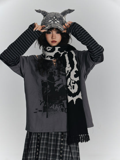 Fake Layered Drawstring V-Neck Long Sleeve T-Shirt NA9235