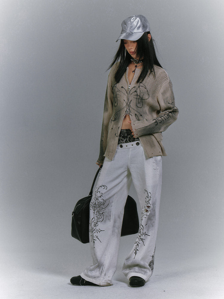 Washed Damage Graffiti Design Oversize Knit Cardigan NA8930