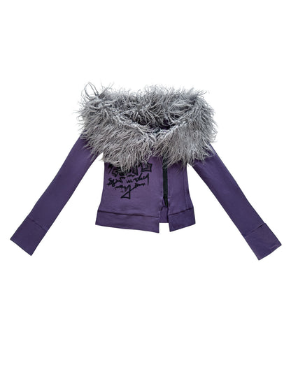 Fake Fur Trim Off-Shoulder Print Slim T-shirt NA8555