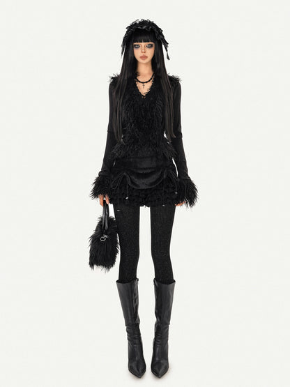 Fur Decor V-Neck Tie Knit Cardigan NA8598