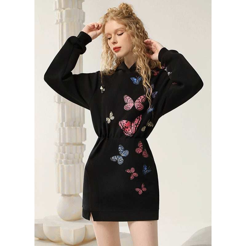 Butterfly Print Hooded Long Sleeve Dress NA5505