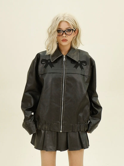 Bow PU Leather Zipper Jacket & Pleats Skirt Setup NA6344