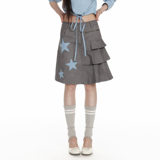 Ruffled Plaid Star Pleated Midi Skirt NA7117