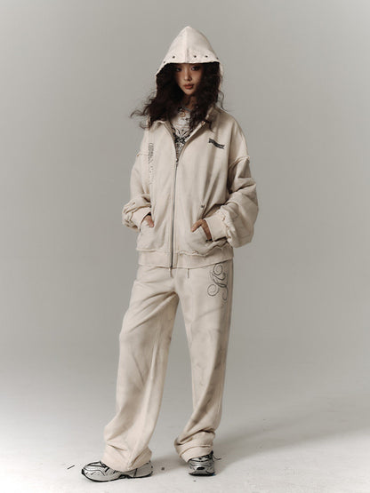 Washed Damage Oversize Zipper Hoodie & Short Skirt & Wide Leg Pants Setup NA8911