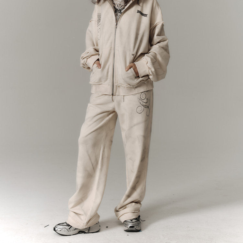 Washed Damage Oversize Zipper Hoodie & Short Skirt & Wide Leg Pants Setup NA8911