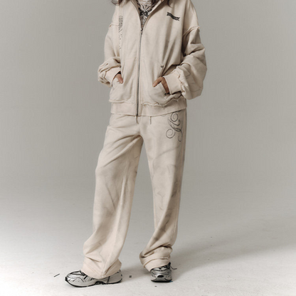 Washed Damage Oversize Zipper Hoodie & Short Skirt & Wide Leg Pants Setup NA8911