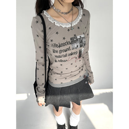 Star Print Lace Trim Fitted Long Sleeve T-Shirt NA9297