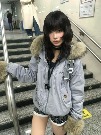 Fake Fur Trim Graphic Print Oversize Hooded Jacket NA9292