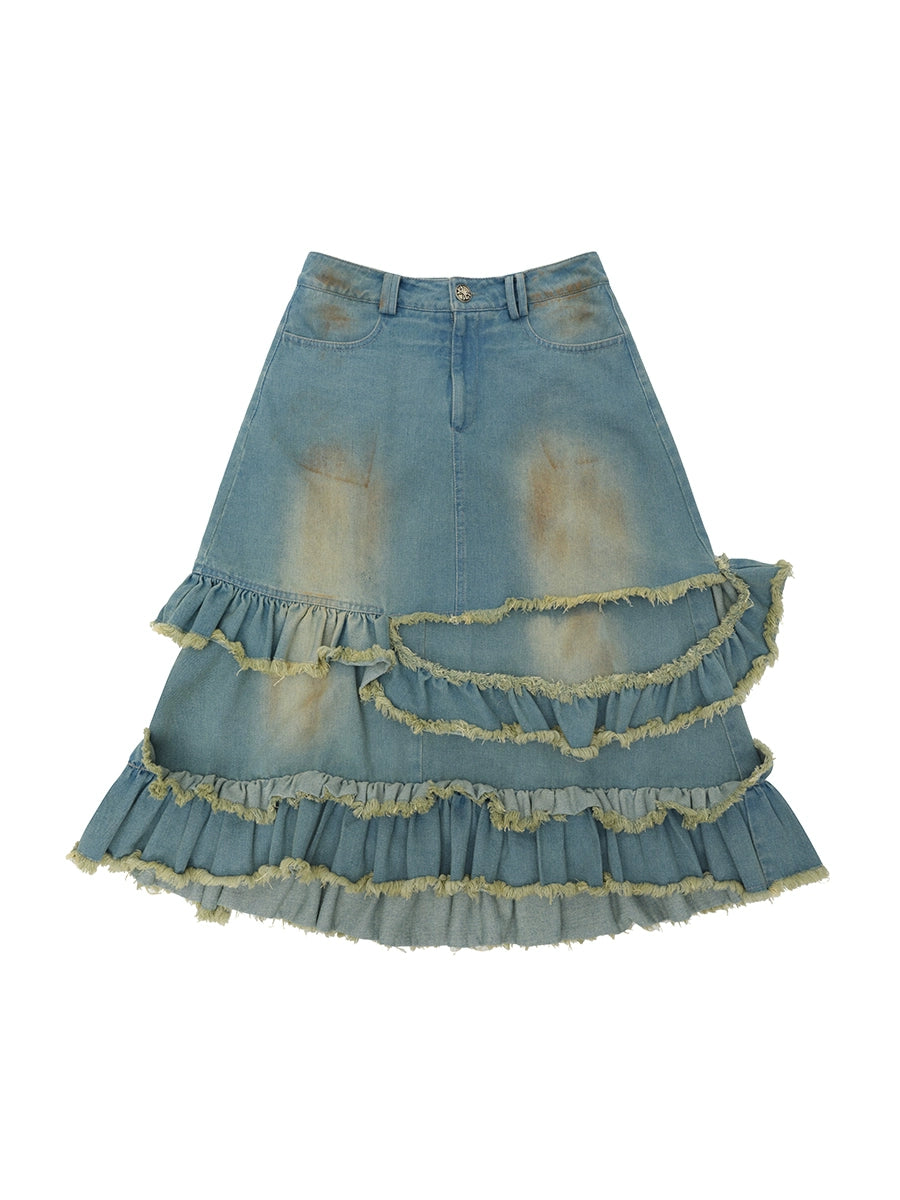 Raw Hem Ruffle Mud-Dye Denim Skirt NA6671