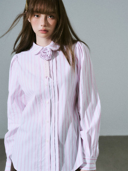 Lace & Flower Detail Stripe Long Sleeve Shirt NA8843