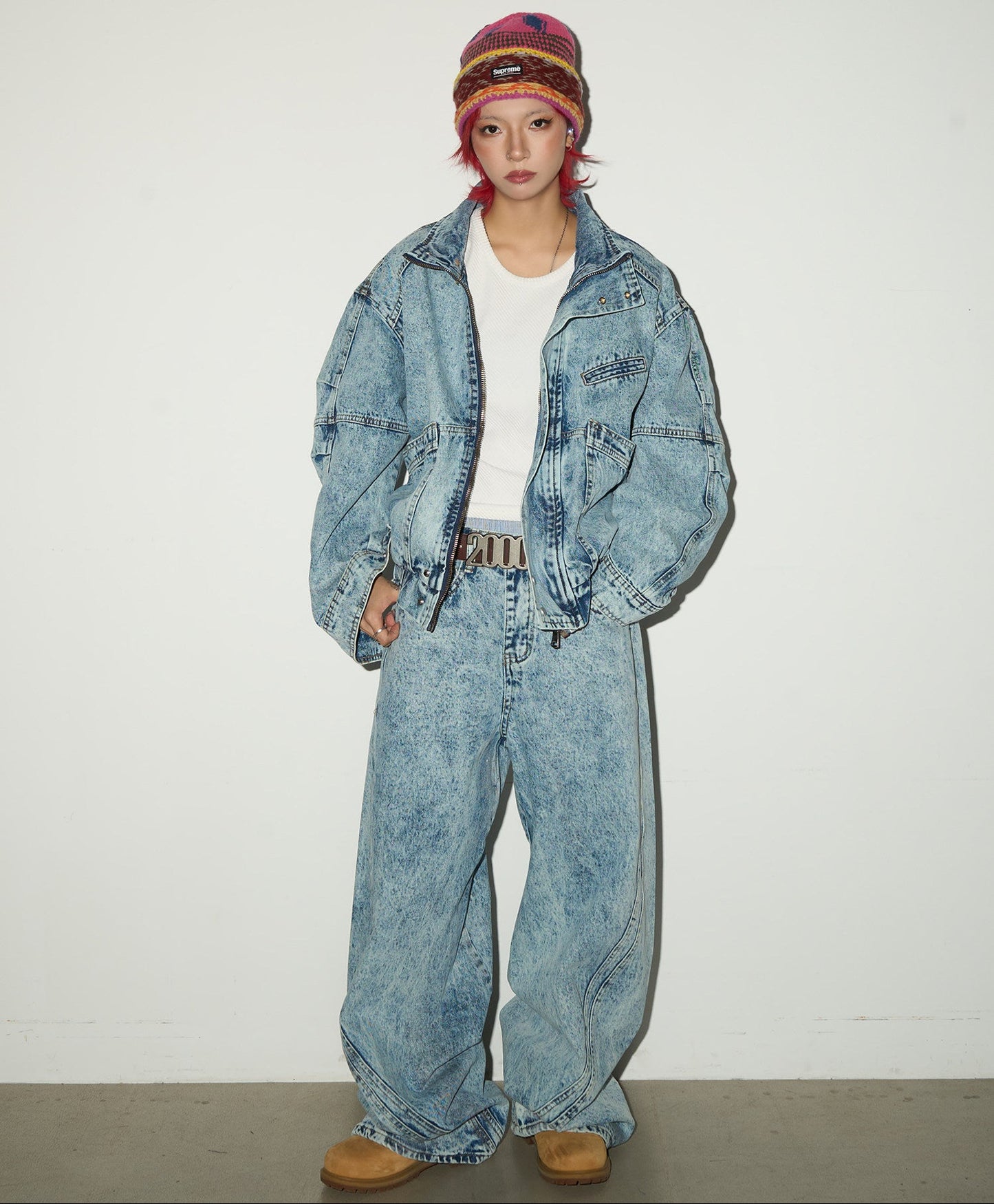 Acid Wash Zipper Elastic Hem Jacket & Wide Leg Denim Jeans Setup NA9031