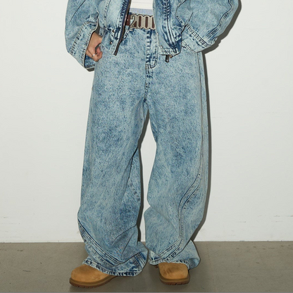 Acid Wash Zipper Elastic Hem Jacket & Wide Leg Denim Jeans Setup NA9031