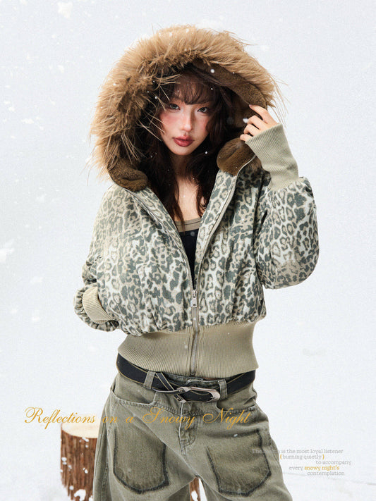 Leopard Print Fur-Trim Hood Puffer Jacket NA9416