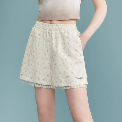 Oversize Flower Print Jacket & Lace Desgin Short Pants Setup NA3496