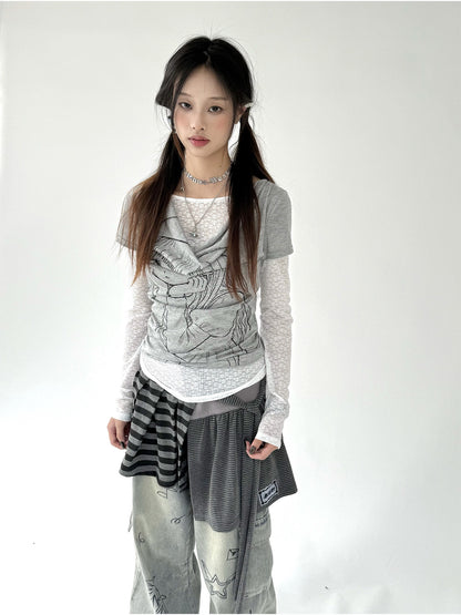 Fake Layered Draped Print Long Sleeve T-Shirt NA9242