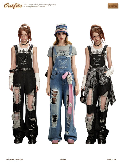 Damaged Oversize Denim Overalls NA3491