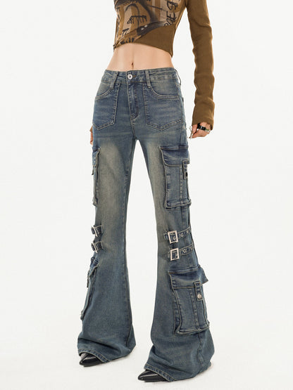 Utility Heavy Craft Slimming Flare Cargo Denim Jeans NA8632